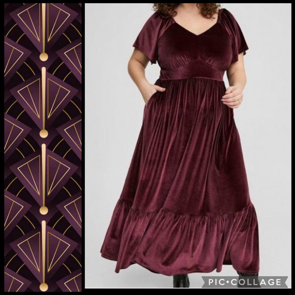 NWT Torrid Wine Velvet Maxi Dress, with flutter sleeves NWT Size 3 3X 22 24